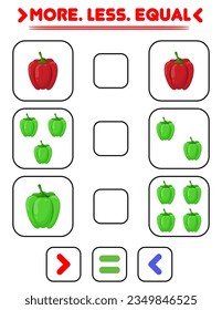 Compare the number of peppers. Write the sign more , less, equal. Teaching children. Education for kindergarten.