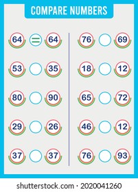 Comparar números. Poner un signo más equivale a menos. Juego de matemáticas para niños de preescolar. Hoja de trabajo de actividades para niños. Aprender matemáticas, 