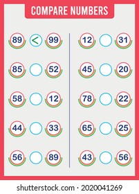 Zahlen vergleichen. Ein Plus-Zeichen zu setzen bedeutet minus. Mathematikspiel für Vorschulkinder. Arbeitsblatt für Kinder. Mathematik lernen, 