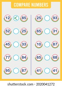 Comparar números. Poner un signo más equivale a menos. Juego de matemáticas para niños de preescolar. Hoja de trabajo de actividades para niños. Aprender matemáticas, 