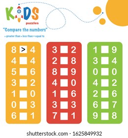 Compare the numbers worksheet practice. Easy colorful worksheet, for children in preschool, elementary and middle school.