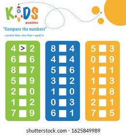 Compare the numbers worksheet practice. Easy colorful worksheet, for children in preschool, elementary and middle school.
