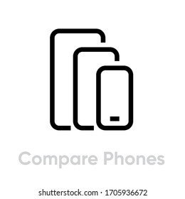 Compare Phones Multi-Cameras icon. Editable line vector. Sign of three modern smartphones of different sizes, large, medium, small. Single pictogram.