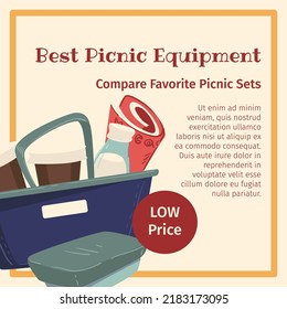 Compare picnic sets, best equipment for leisure and relax outdoors. Container with food, tablecloth and kitchenware for cooking. Promotional banner, advertisement poster. Vector in flat style