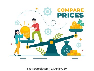 Comparar precios Vectores Ilustración de la inflación en la economía, escalas con precios y bienes de valor en plantillas de páginas de aterrizaje dibujadas a mano de dibujos planos
