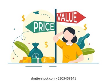 Vergleichen Sie Preise, Vektorgrafik der Inflation in der Wirtschaft, Skala mit Preis-und Wertgegenständen in flachen Cartoon Hand gezeichnete Landing Page-Vorlagen