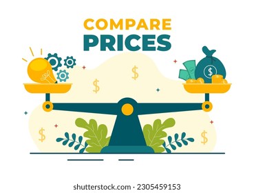 Comparar precios Vectores Ilustración de la inflación en la economía, escalas con precios y bienes de valor en plantillas de páginas de aterrizaje dibujadas a mano de dibujos planos