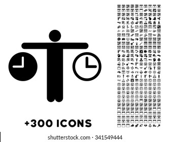 Compare Time vector pictogram with additional 300 date and time management icons. Style is flat symbols, black color, rounded angles, white background.