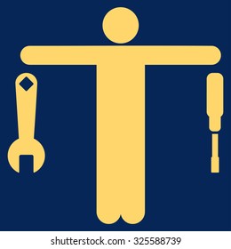 Compare Tools vector icon. Style is flat symbol, yellow color, rounded angles, blue background.