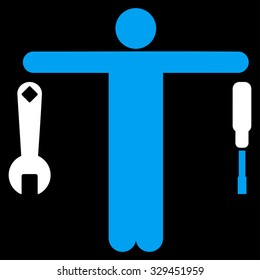 Compare Tools vector icon. Style is bicolor flat symbol, blue and white colors, rounded angles, black background.