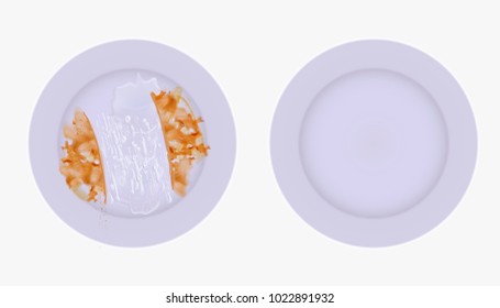 Compare two dishes, one with dirt and detergent on it and one is empty in 3d illustration