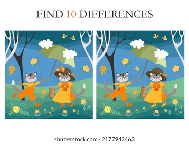 Compare two funny pictures of cute cartoon cats walking and find 10 differences. Logical game for kids. Puzzle for preschoolers.