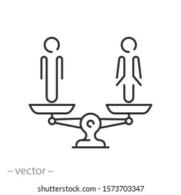 Compare Women And Men On Scales Icon, Gender Inequality, Balance Justice, Thin Line Web Symbol On White Background - Editable Stroke Vector Illustration Eps10