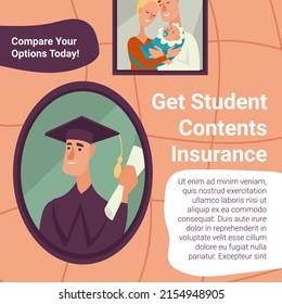 Compare Your Options Today, Get Student Contents Insurance And Loan For Studies And Obtain Knowledge And Education. Financial Support And Safety While In University Or School. Vector In Flat Style