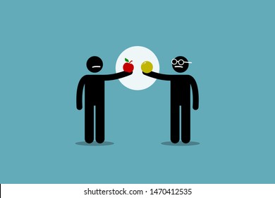 Comparing apple with orange. Vector artwork of two different man holding an apple and orange, and start to compare them to each other. Concept of difference, incomparable, impractical, and pointless.