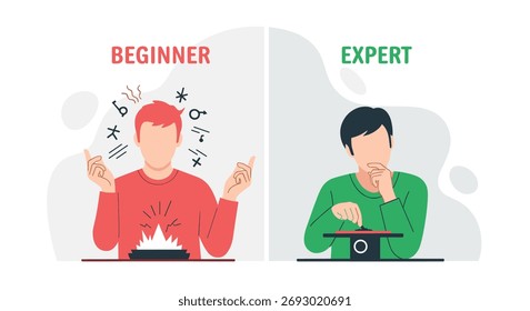 Comparar a un principiante que experimenta confusión con un experto que toma decisiones con calma