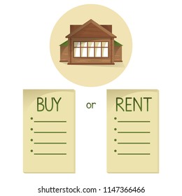 Comparing buy and rent house, list with bullets, choose buying or renting of property, vector concents