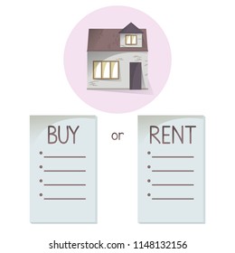 Comparing buy and rent house, list with bullets, choose buying or renting of property, vector concept