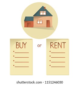 Comparing buy and rent house, list with bullets, choose buying or renting of property, vector concept