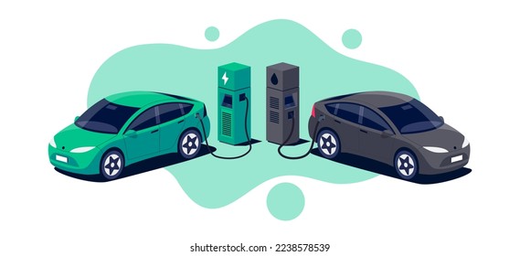 Comparing electric car versus gasoline diesel car suv. Electric vehicle charging at charger stand vs. fossil car refueling petrol gas station. Front isometric view. Isolated on white background. - Shutterstock ID 2238578539