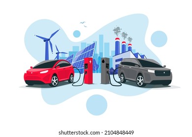 Comparing electric versus gasoline car. Electric car charging at charger vs. diesel vehicle refueling petrol gas station. Renewable clean solar wind energy with old dirty fossil coal power generation.