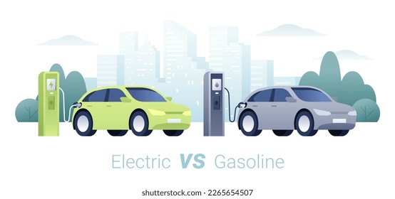 Comparando el coche eléctrico con el de gasolina. Ilustración vectorial aislada de la estación de carga del vehículo. Fondo aéreo con edificios de oficinas