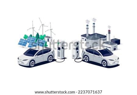 Comparing electric versus gasoline car. Electric vehicle charging vs. diesel vehicle refueling petrol gas station. Renewable clean solar wind energy with old dirty fossil refinery power generation.