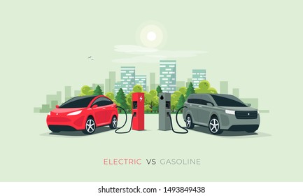 Comparing electric versus gasoline diesel car suv. Electric car charging at charger stand vs. fossil car refueling petrol gas station. Front perspective view. City building skyline in background.