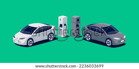 Comparing electric versus gasoline diesel car suv. Electric car charging at charger stand vs. fossil car refueling petrol gas station. Front isometric view. Isolated on white background.