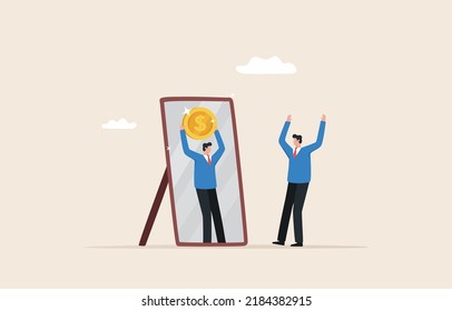 Comparing financial success and failure. Self-development for success. 
Check your financial goals. Businessman standing and looking at himself in the mirror holding a money coin.