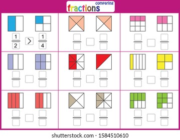 comparing fractions, math worksheet for kids