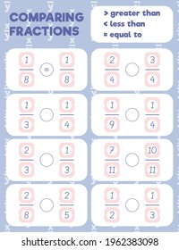 Comparing fractions worksheet, math practice print page. Count and write.