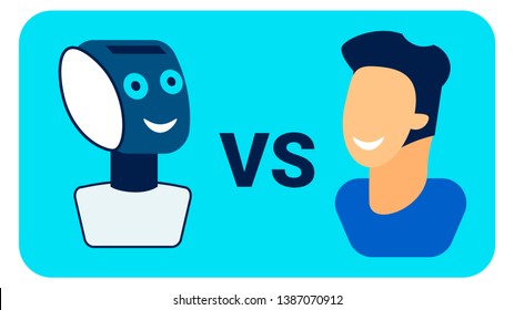 Comparing Humans, Robots Flat Banner Template. Cheerful Robotic Friend Interacting with Man Cartoon Characters. Cyber Chatbot Dialogue. Electronic Artificial Intelligence Communicative Invention