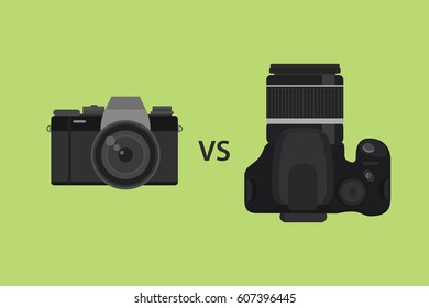 comparing Mirrorless camera vs DSLR camera picture illustration with black color and green background 