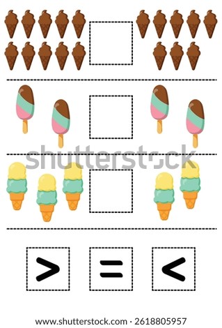 Comparing Numbers with Ice Cream Math Worksheet for Kids Learning More Than, Less Than, Equals A fun educational activity for preschoolers and kindergarteners