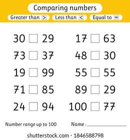 Comparing numbers. Less than, greater than, equal to. Worksheets for kids. Number range up to 100. Preschool, elementary school. Vector illustration