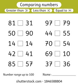 Comparing numbers. Less than, greater than, equal to. Worksheet for kids. Number range up to 100. Preschool, elementary school. Vector illustration