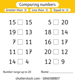 Comparando números. Menor que, mayor que, igual a. Hoja de trabajo para niños. Rango de números hasta 20. Preescolar, primaria. Ilustración del vector