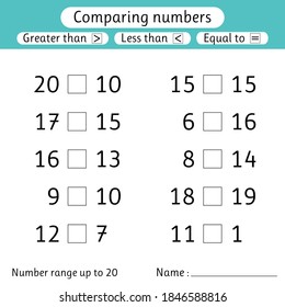 Comparing numbers. Less than, greater than, equal to. Number range up to 20. Preschool, elementary school. Worksheet for kids