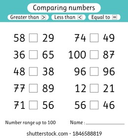Comparing numbers. Less than, greater than, equal to. Number range up to 100. Worksheets for kids. Preschool, elementary school. Vector illustration