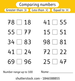 Comparando números. Menor que, mayor que, igual a. Rango de números de hasta 100. Escuela primaria. Hojas de cálculo para niños. Ilustración del vector