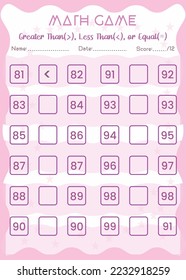 Comparing numbers worksheet. Easy worksheet, math game for children in preschool, elementary and middle school.