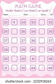 Comparing numbers worksheet. Easy worksheet, math game for children in preschool, elementary and middle school.