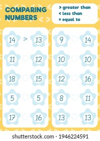 Comparing numbers worksheet practice print sheet. Vector illustration.