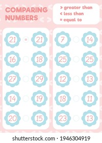 Comparing numbers worksheet practice print sheet. Vector illustration.