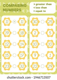 Comparing numbers worksheet practice print sheet. Vector illustration.