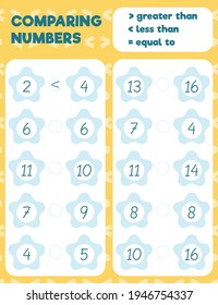 Comparing numbers worksheet practice print sheet. Vector illustration.