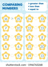 Comparing numbers worksheet practice print sheet. Vector illustration.