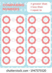 Comparing numbers worksheet practice print sheet. Vector illustration.