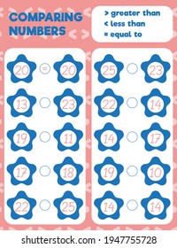Comparing numbers worksheet practice print sheet. Vector illustration.